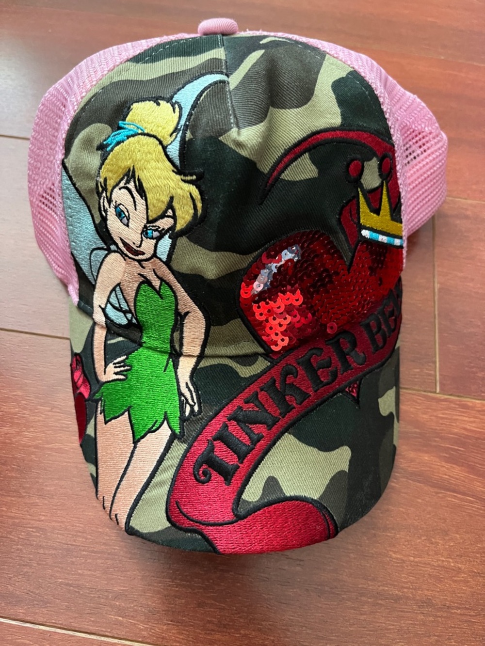 Tinker Bell Ladies Camo Sequin Trucker Hat - Pink Mesh